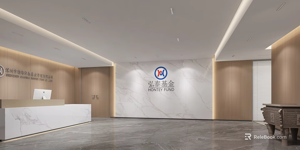 Modern Corporate Reception Lobby With Marble Brand Logo Wall And Warm Wood Veneer Decoration 3d model 