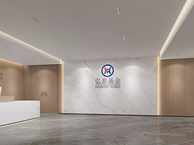 Modern Corporate Reception Lobby With Marble Brand Logo Wall And Warm Wood Veneer Decoration 3d model