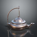 Copper Metallic Teapot With Curved Handle Chain Lid And Shiny Reflective Surface