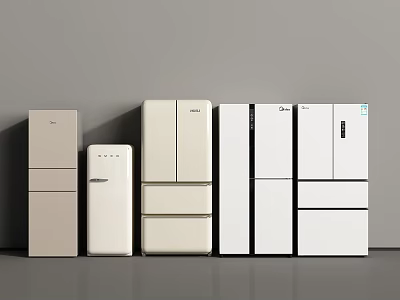 Sleek Various Style Refrigerators In Neutral Beige And White Colors Arranged In Row 3d model