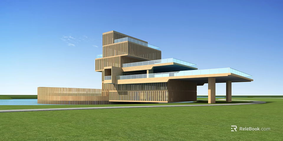 Modern Multi Level Wooden House With Glass Balcony On Green Grassland Under Blue Sky 3d model 