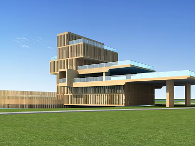 Modern Multi Level Wooden House With Glass Balcony On Green Grassland Under Blue Sky 3d model