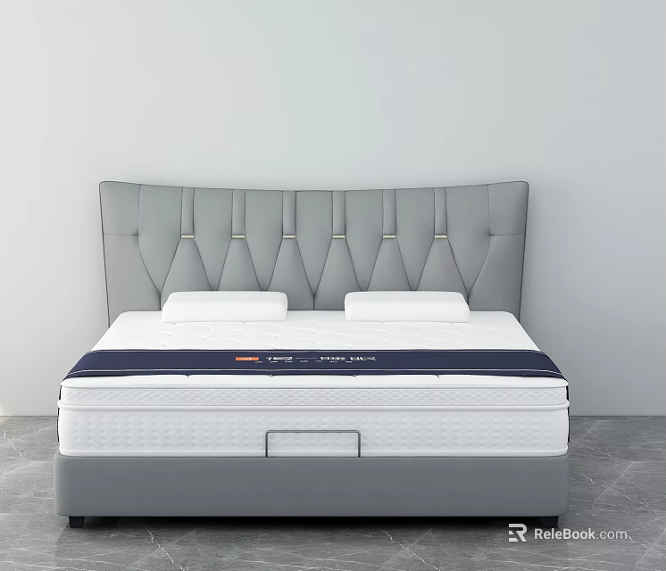Modern Double Bed With Grey Tufted Headboard White Blue Mattress And Sturdy Frame 3d model 