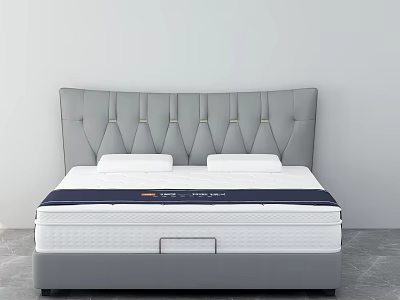 Modern Double Bed With Grey Tufted Headboard White Blue Mattress And Sturdy Frame 3d model