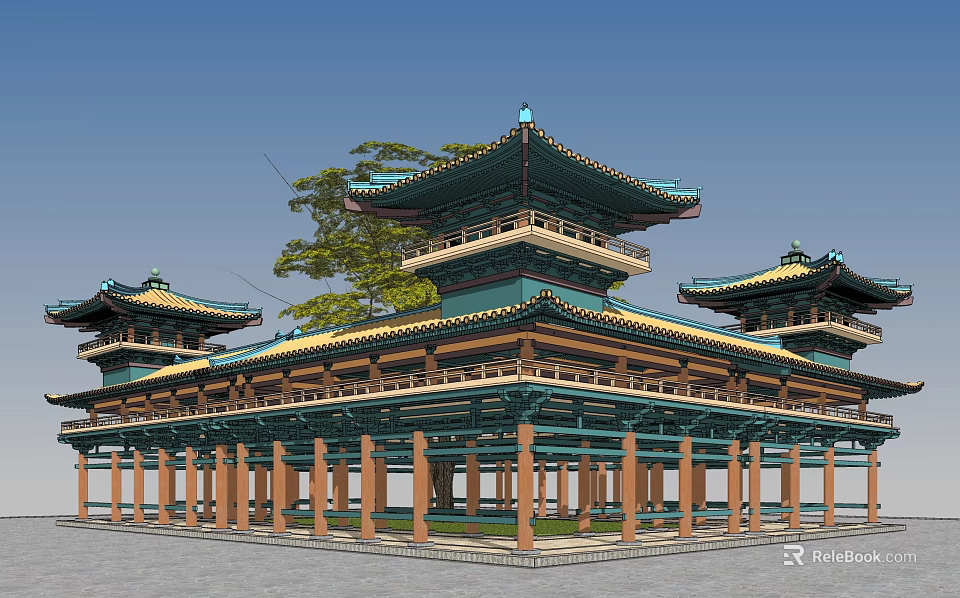 Traditional Chinese Ancient Architecture Multi Layered Pavilion With Green Tiled Roofs Yellow Decorations And Trees 3d model 