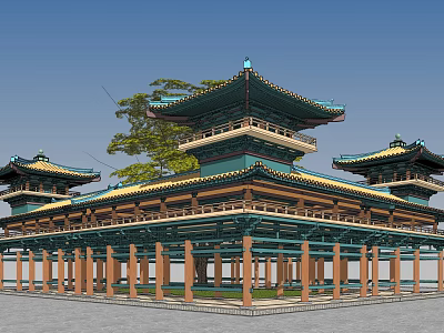 Traditional Chinese Ancient Architecture Multi Layered Pavilion With Green Tiled Roofs Yellow Decorations And Trees 3d model