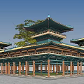 Traditional Chinese Ancient Architecture Multi Layered Pavilion With Green Tiled Roofs Yellow Decorations And Trees