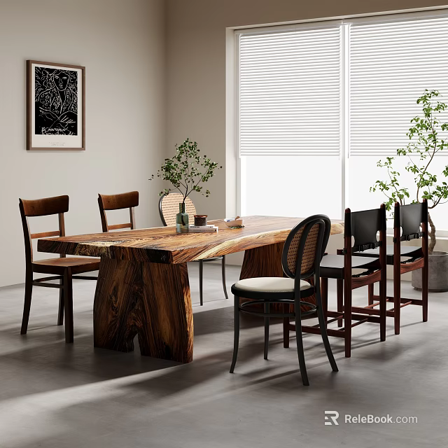 Solid Wood Dining Table Set with Natural Grain Legs Wooden and Black Chairs Green Plants and Decorative Painting 3d model 
