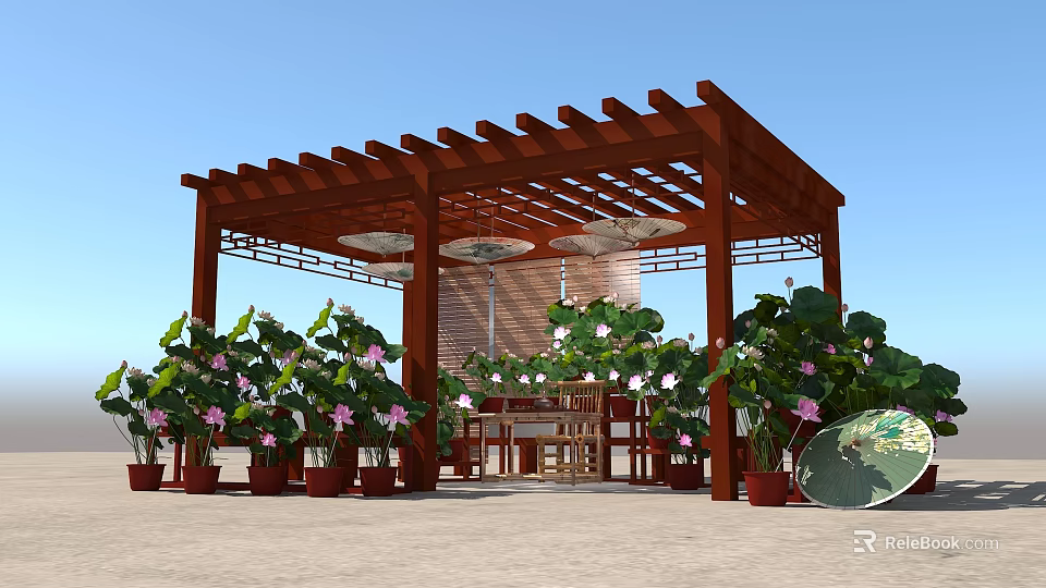 Wooden Pergola With Lotus Flowers Potted Plants And Outdoor Seating Space 3d model 