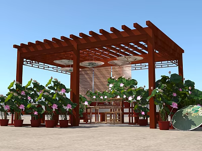 Wooden Pergola With Lotus Flowers Potted Plants And Outdoor Seating Space 3d model