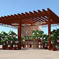Wooden Pergola With Lotus Flowers Potted Plants And Outdoor Seating Space
