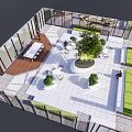 Modern Garden Landscape Design With Tile Flooring Seating Areas And Central Tree