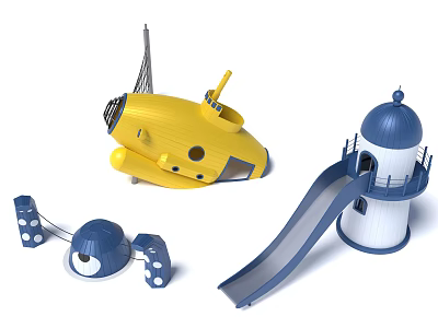 Fun Kids Playground Equipment With Yellow Submarine Blue And White Lighthouse Slide 3d model