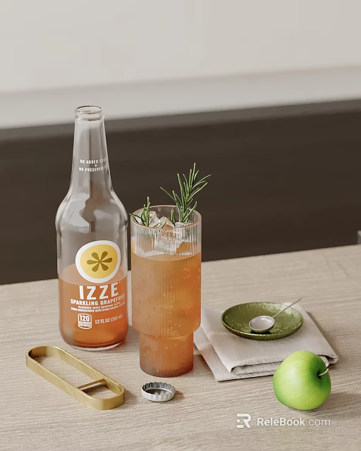 Stylish Decorative Ornament Combination with IZZE Sparkling Clementine Bottle Glass Ice Rosemary and Small Dish 3d model 