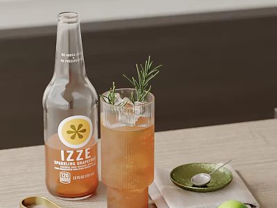 Stylish Decorative Ornament Combination with IZZE Sparkling Clementine Bottle Glass Ice Rosemary and Small Dish 3d model