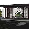 Modern Courtyard Garden With Pavilion Circular Arch Water Pond And White Lounge Chairs