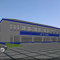 Modern Two Story Office Building Exterior With Blue Accents Large Windows And Parking Area