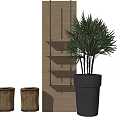 Bonsai Plant In Black Pot With Wooden Planters And Hanging Shelves On Wooden Wall