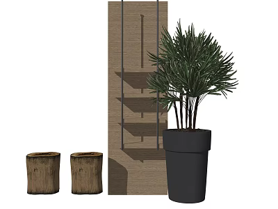 Bonsai Plant In Black Pot With Wooden Planters And Hanging Shelves On Wooden Wall 3d model