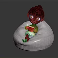 Cartoon Girl With Curly Hair Sitting On White Bean Bag Chair Holding Red Cup