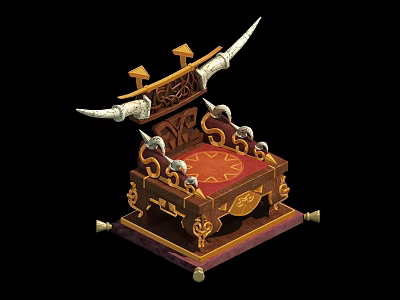 Ornate Armchair with Horned Backrest Red Cushion and Golden Carved Details 3d model