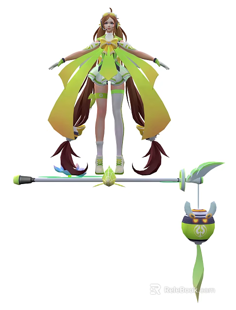 Game Movie Character with Green Yellow Outfit Twin Ponytails White Stockings and Leaf Decorated Weapon 3d model 