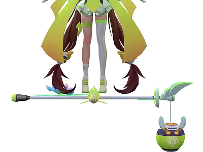 Game Movie Character with Green Yellow Outfit Twin Ponytails White Stockings and Leaf Decorated Weapon 3d model