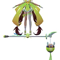 Game Movie Character with Green Yellow Outfit Twin Ponytails White Stockings and Leaf Decorated Weapon