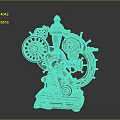 Steampunk Mechanical Device With Brass Gears Wooden Base And Blue Glass Element