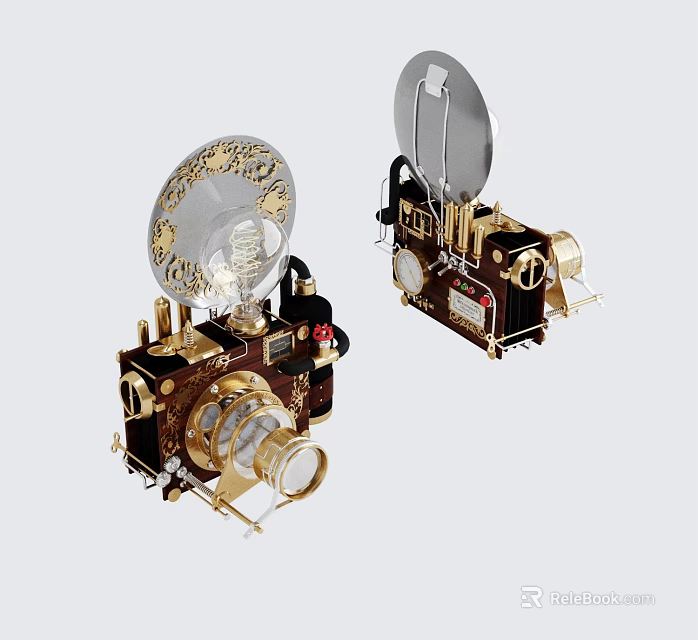 Vintage Digital Gadgets With Golden Accents Lens And Retro Design Details Displayed 3d model 