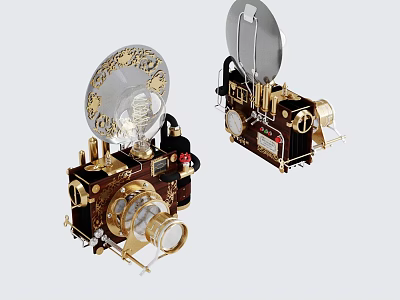 Vintage Digital Gadgets With Golden Accents Lens And Retro Design Details Displayed 3d model