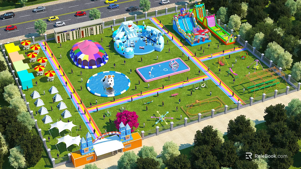 Vibrant Amusement Park With Water Slides Colorful Tents Pools And Lush Grass Areas 3d model 