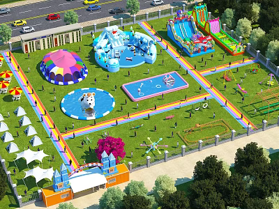 Vibrant Amusement Park With Water Slides Colorful Tents Pools And Lush Grass Areas 3d model