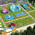 Vibrant Amusement Park With Water Slides Colorful Tents Pools And Lush Grass Areas