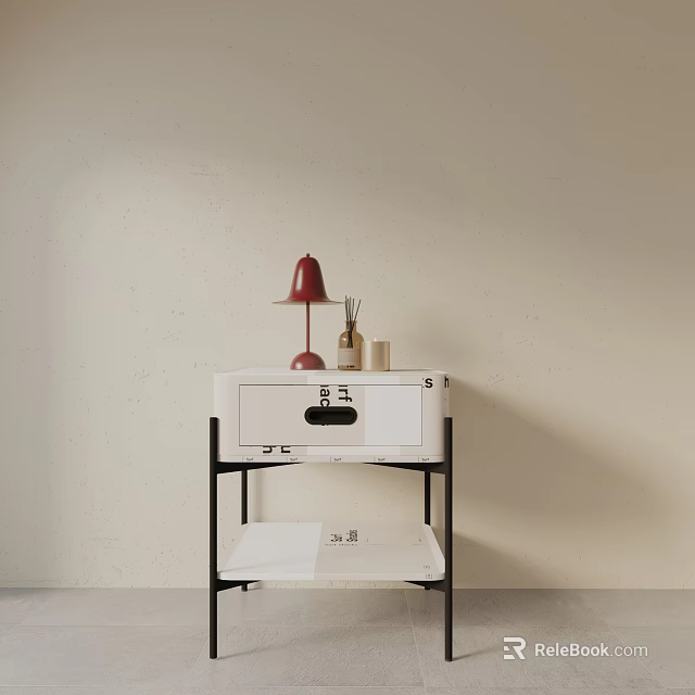Modern White Nightstand with Red Table Lamp Aromatherapy Bottle and Black Frame 3d model