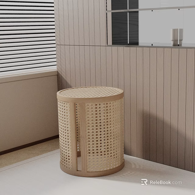 Modern Rattan Side Table With Round Woven Design And Light Wooden Frame For Minimalist Interior Space 3d model 