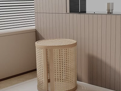 Modern Rattan Side Table With Round Woven Design And Light Wooden Frame For Minimalist Interior Space 3d model
