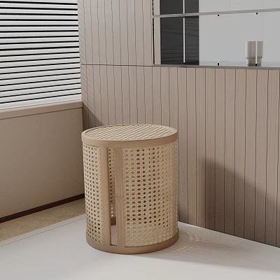 Modern Rattan Side Table With Round Woven Design And Light Wooden Frame For Minimalist Interior Space 3d model