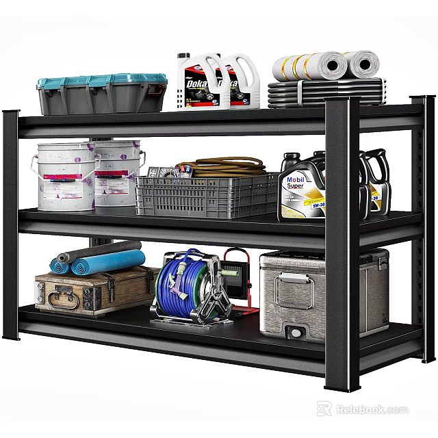 Black Multi Tier Storage Shelf Holding Cleaning Supplies Tools And Containers 3d model 