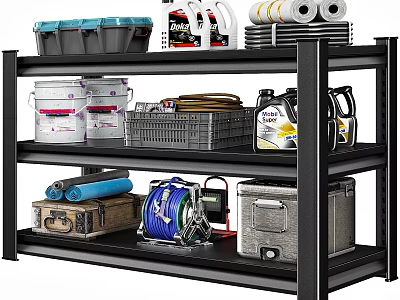 Black Multi Tier Storage Shelf Holding Cleaning Supplies Tools And Containers 3d model