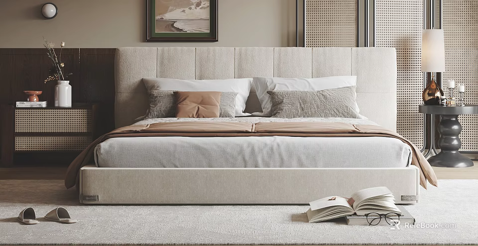 Double Bed In Elegant Bedroom With Upholstered Headboard Soft Pillows Brown Blanket And Open Book 3d model 