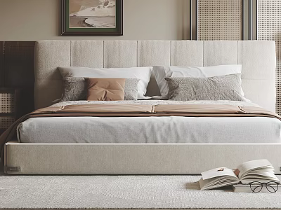 Double Bed In Elegant Bedroom With Upholstered Headboard Soft Pillows Brown Blanket And Open Book 3d model