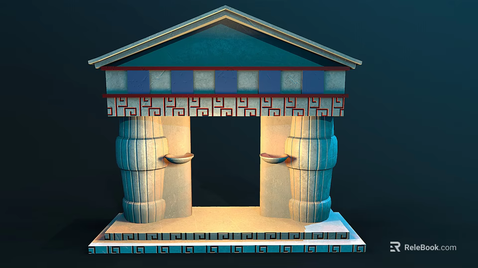Traditional Architectural Portal With Blue Roof Columns Base And Geometric Patterns 3d model 
