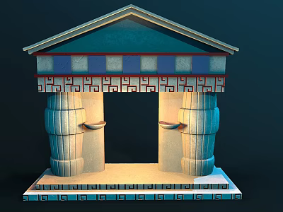 Traditional Architectural Portal With Blue Roof Columns Base And Geometric Patterns 3d model