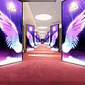 Elegant Ballroom Interior With Stage Lighting White Seats And Decorative Carpet