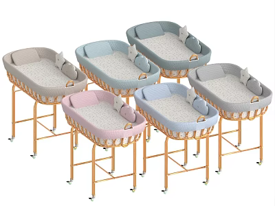 Stylish Baby Bassinets in Gray Blue Pink Tones with Sturdy Metal Stands 3d model