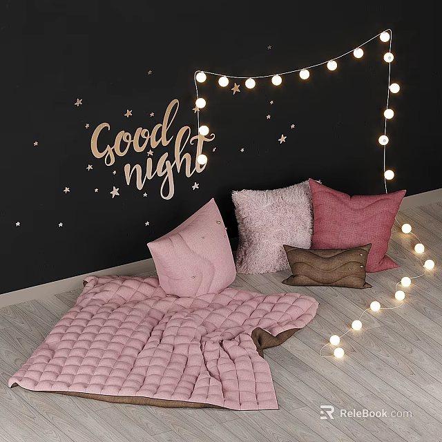 Good Night Decor Black Wall With Stars Pink Quilt And Pillows String Lights 3d model 