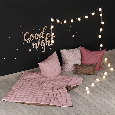 Good Night Decor Black Wall With Stars Pink Quilt And Pillows String Lights 3d model
