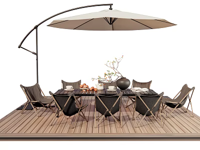 Outdoor Table With Arched Umbrella Black Chairs On Wooden Deck And Decorations 3d model