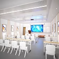 Modern School Classroom With White Furniture Large Screen And Decorative Wall Paintings